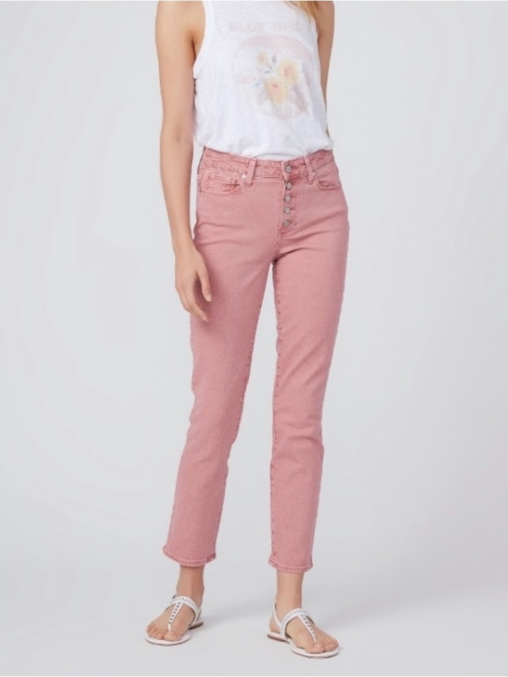 PAIGE High Rise Cindy Button Fly Vintage Soft Rose Straight Skinny Ankle Jeans